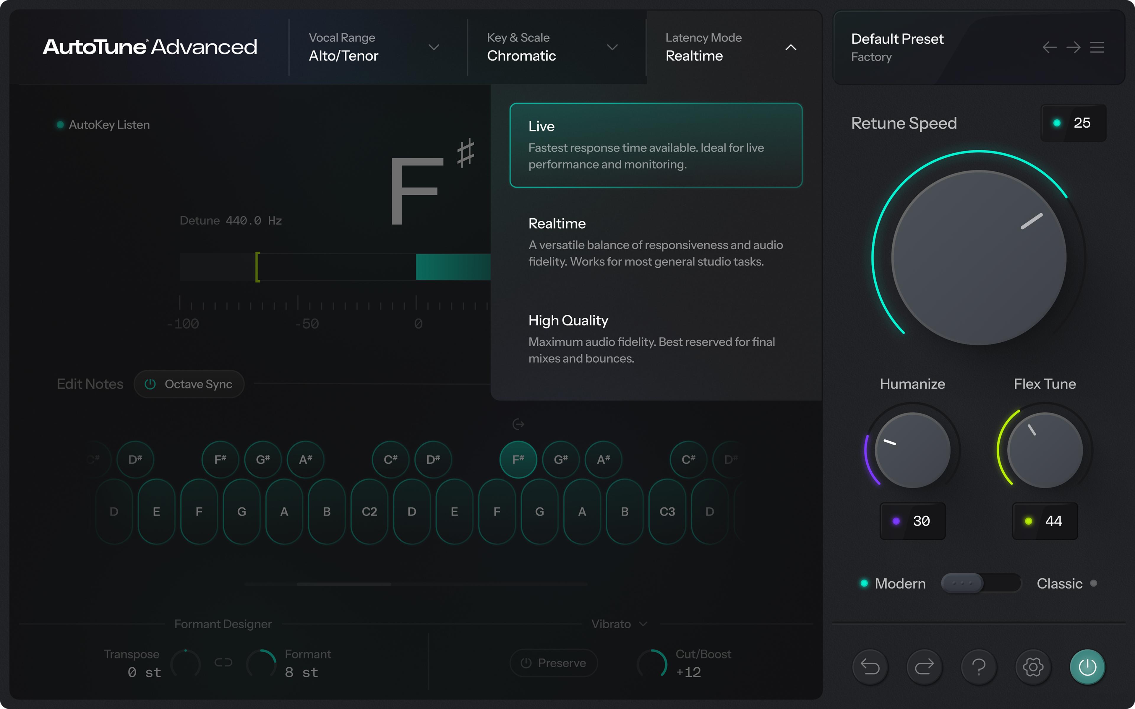 Antares AutoTune Advanced Pitch Correction Software - AutoTune Advanced - Latency Mode Menu - Modern.jpg