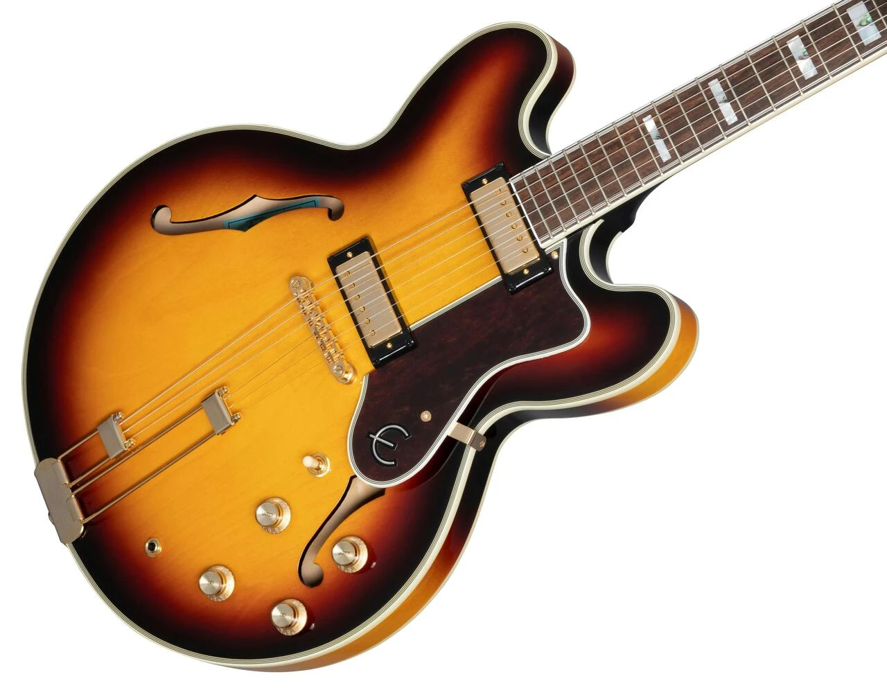 Epiphone Original Sheraton Semi-Hollow Electric Guitar in Vintage Sunburst, Indian Laurel Fingerboard - EOSHVSGH1-Epiphone-Sheraton-Frequensator-Vintage-Sunburst-Angle.jpg
