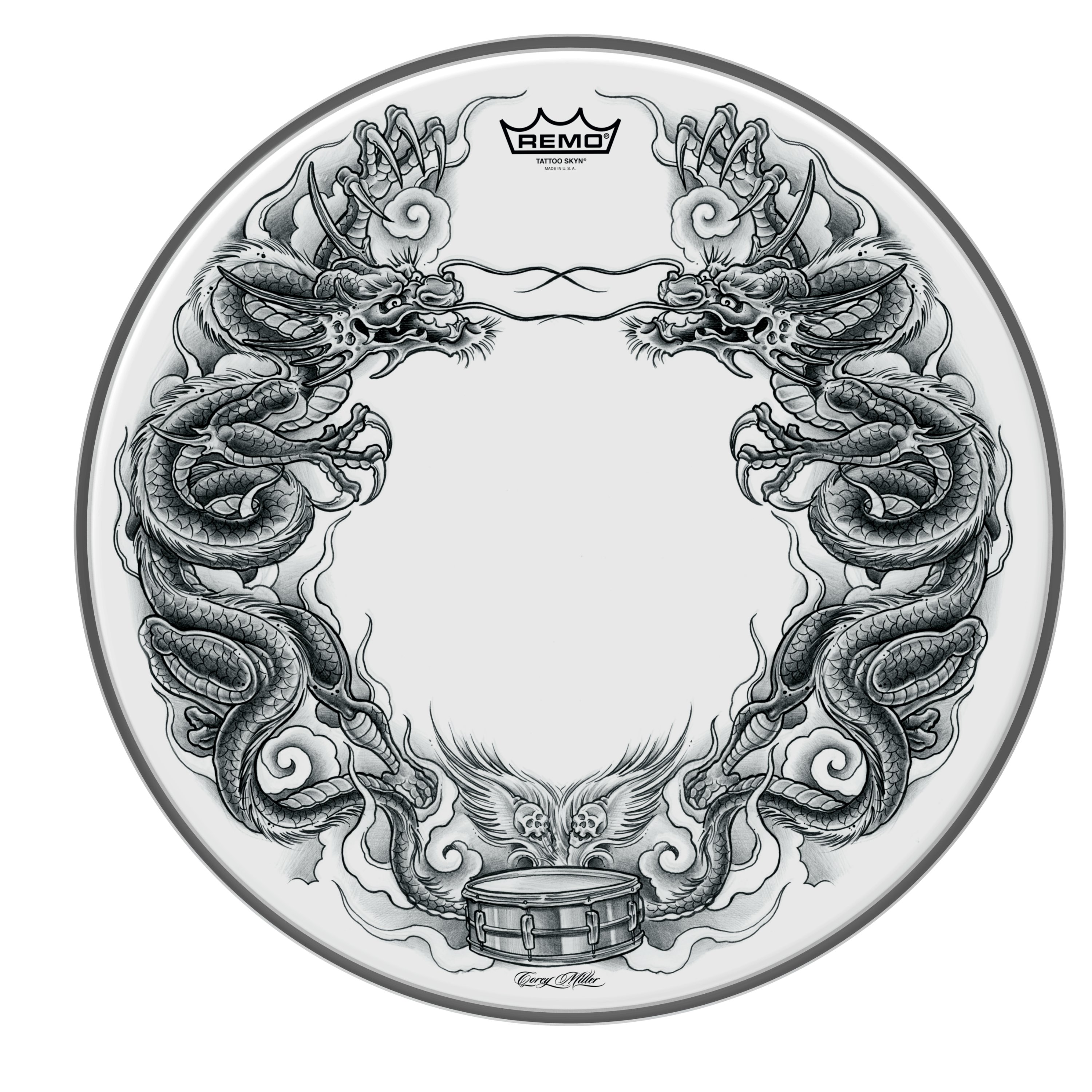 Remo 14" Snare Batter - Tattoo Skyn Black Dragon Graphic on Suede Film - 453039-TT-0814-AX-T06.jpg