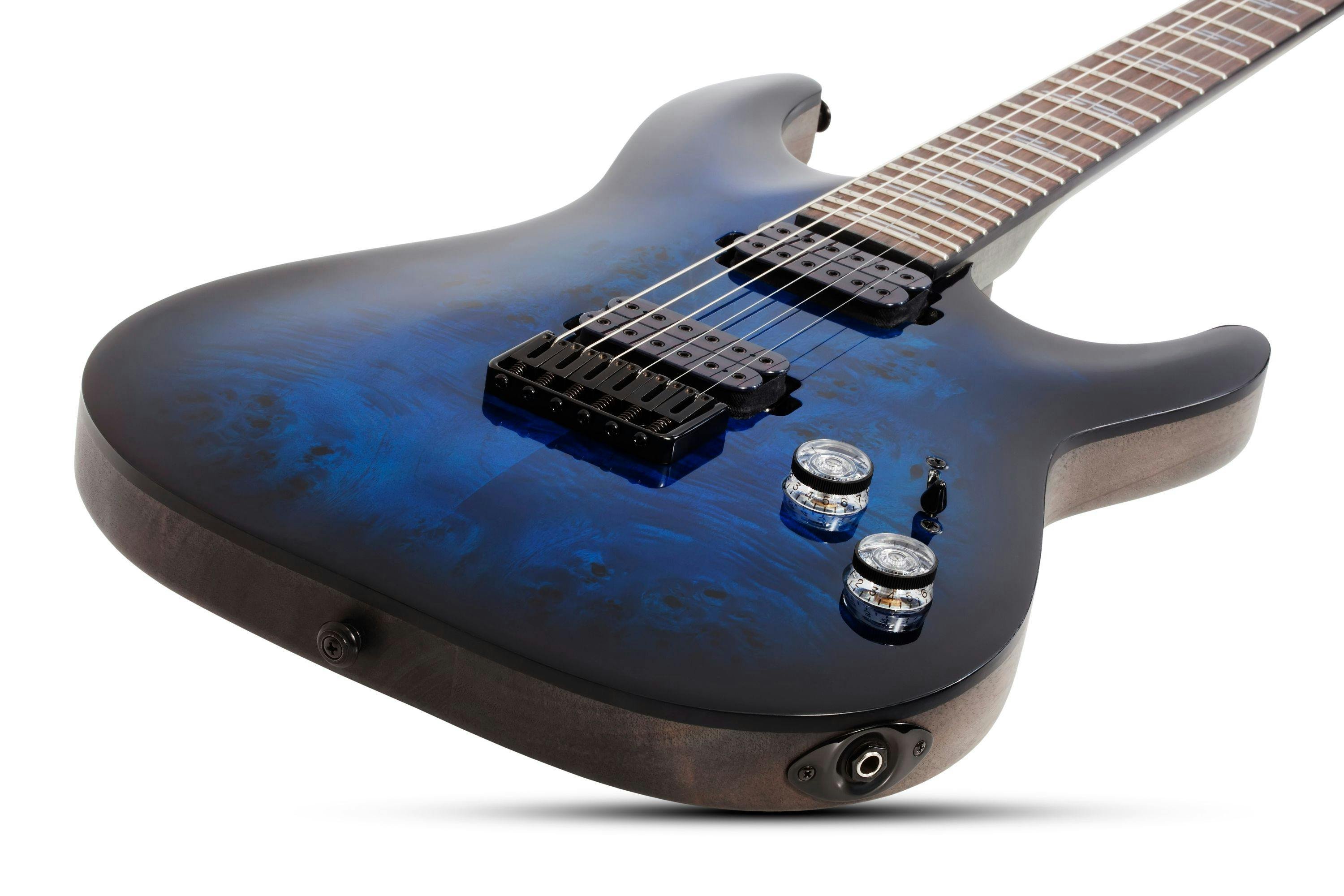 Schecter Omen Elite 6 in See Thru Blue Burst - 408902-OMEN ELITE-6 STBB 2452 BODY LAYING.jpg