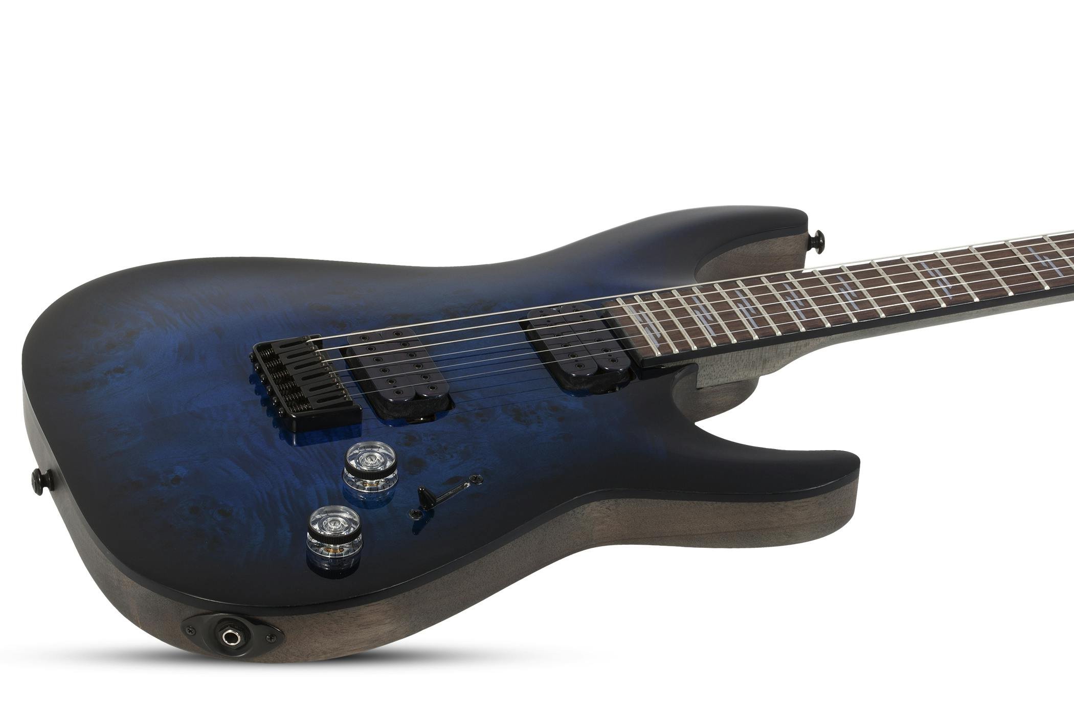 Schecter Omen Elite 6 in See Thru Blue Burst - 408903-OMEN ELITE-6 STBB 2452 MF TILT.jpg