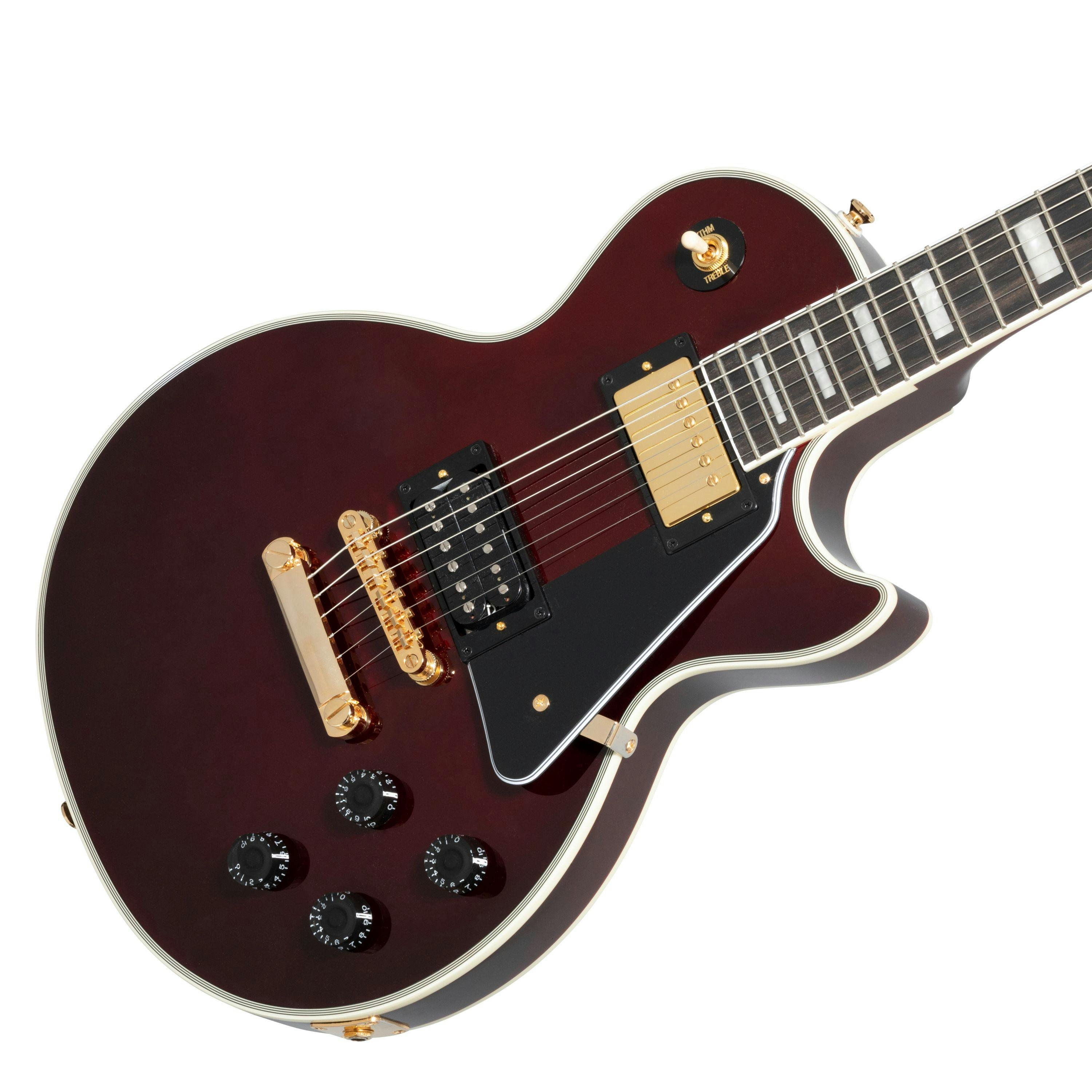 Epiphone Artist Jerry Cantrell Signature "Wino" Les Paul Custom Electric Guitar in Dark Wine Red - 507489-Epiphone-Jerry-Cantrell-Wino-Les-Paul-Custom-Red-Angle.jpg