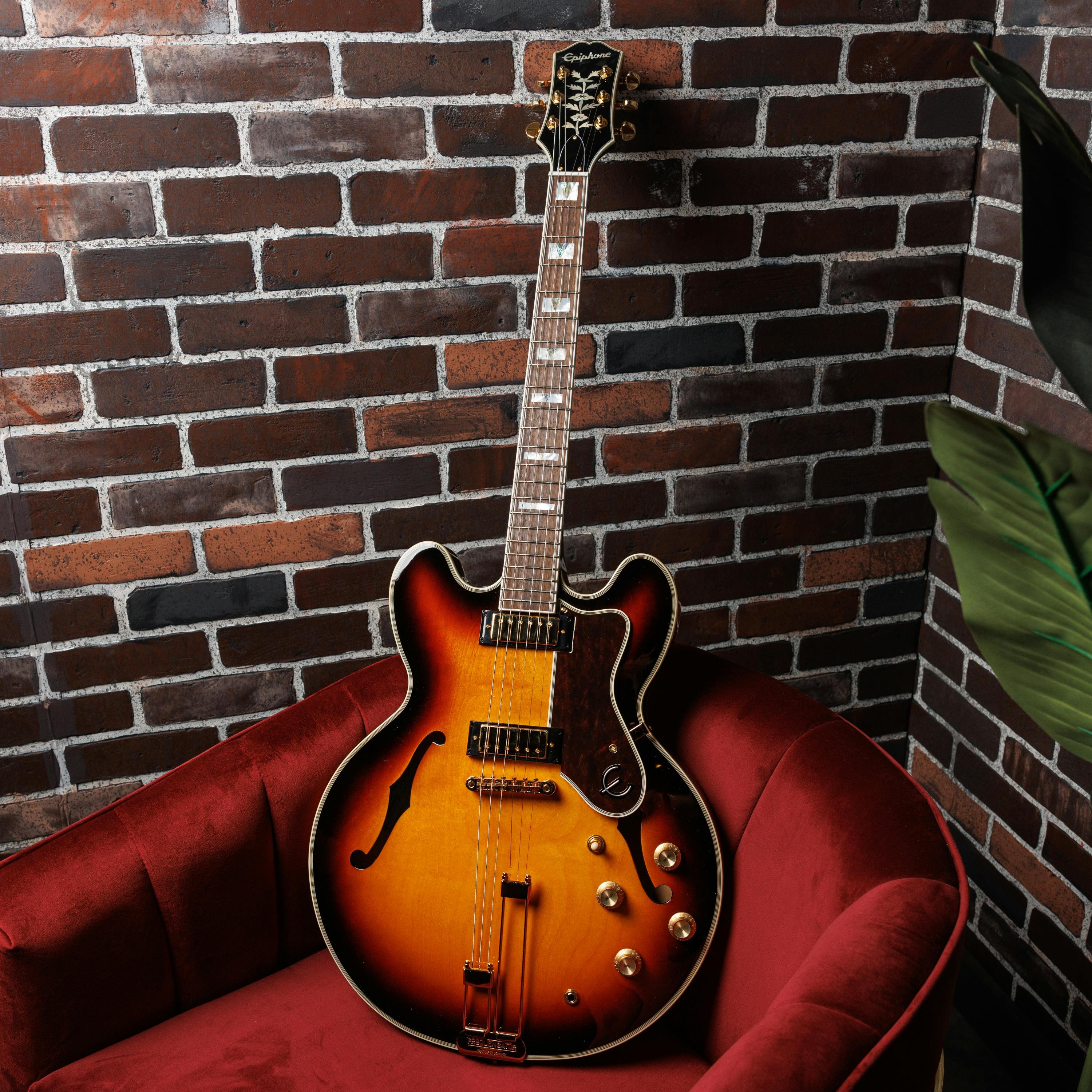 Epiphone Sheraton Semi-Hollow Electric Guitar in Vintage Sunburst - EOSHVSGH1-Epiphone-Sheraton-Frequensator-Vintage-Sunburst-Lifestyle.jpg