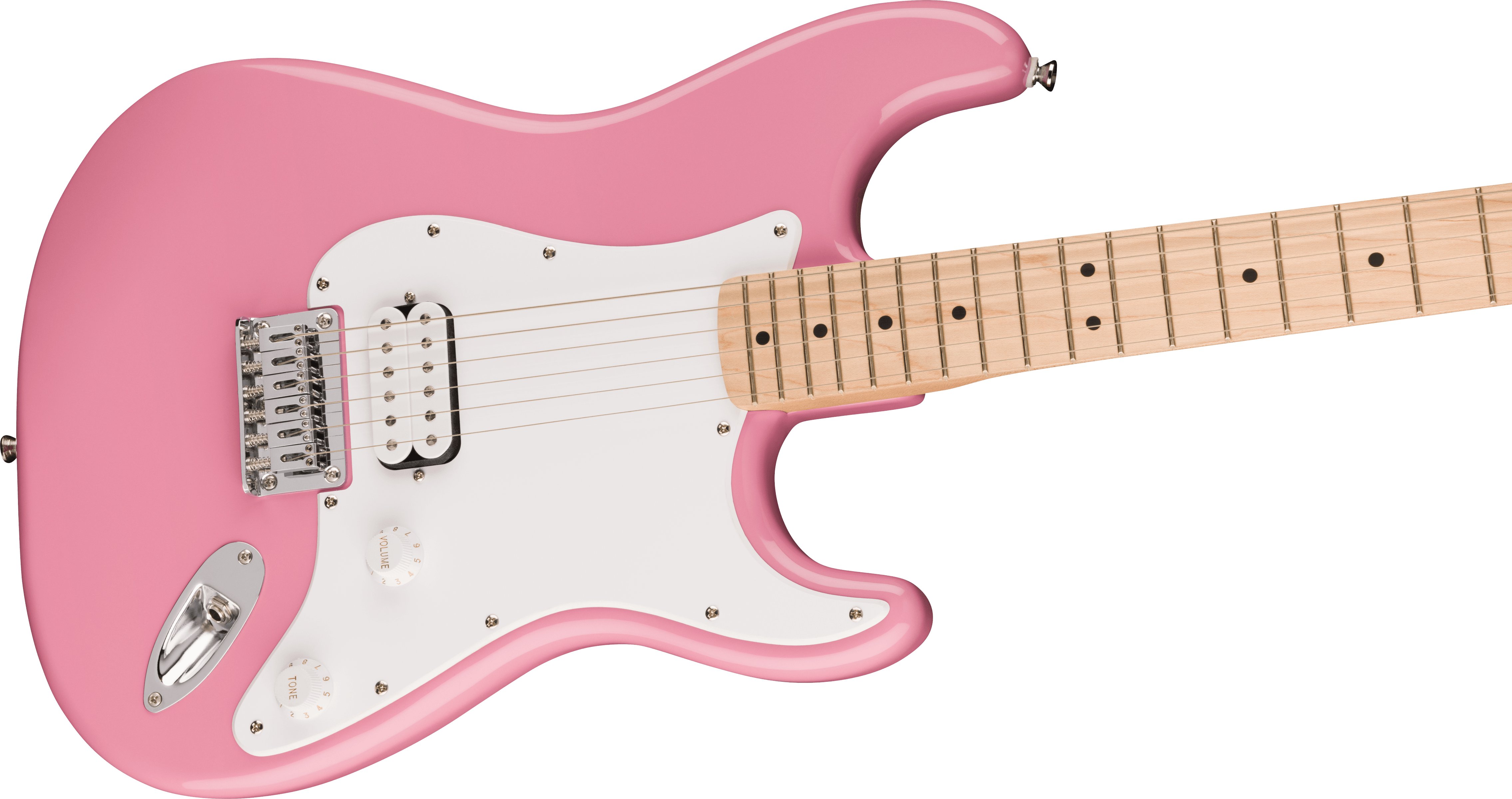 Squier Sonic Stratocaster HT H Electric Guitar in Flash Pink - 0373302555-Squier-Sonic-Stratocaster-HT-H-Flash-Pink-Angle.jpg