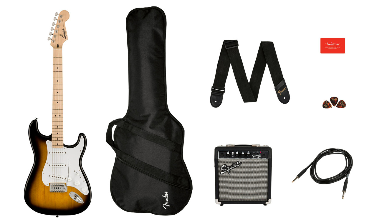 Squier Sonic Stratocaster 2-Colour Sunburst Electric Guitar Starter Pack with Amp & Gig Bag Squier Sonic Stratocaster 2-Colour Sunburst Electric Guitar Starter Pack with Amp & Gig Bag