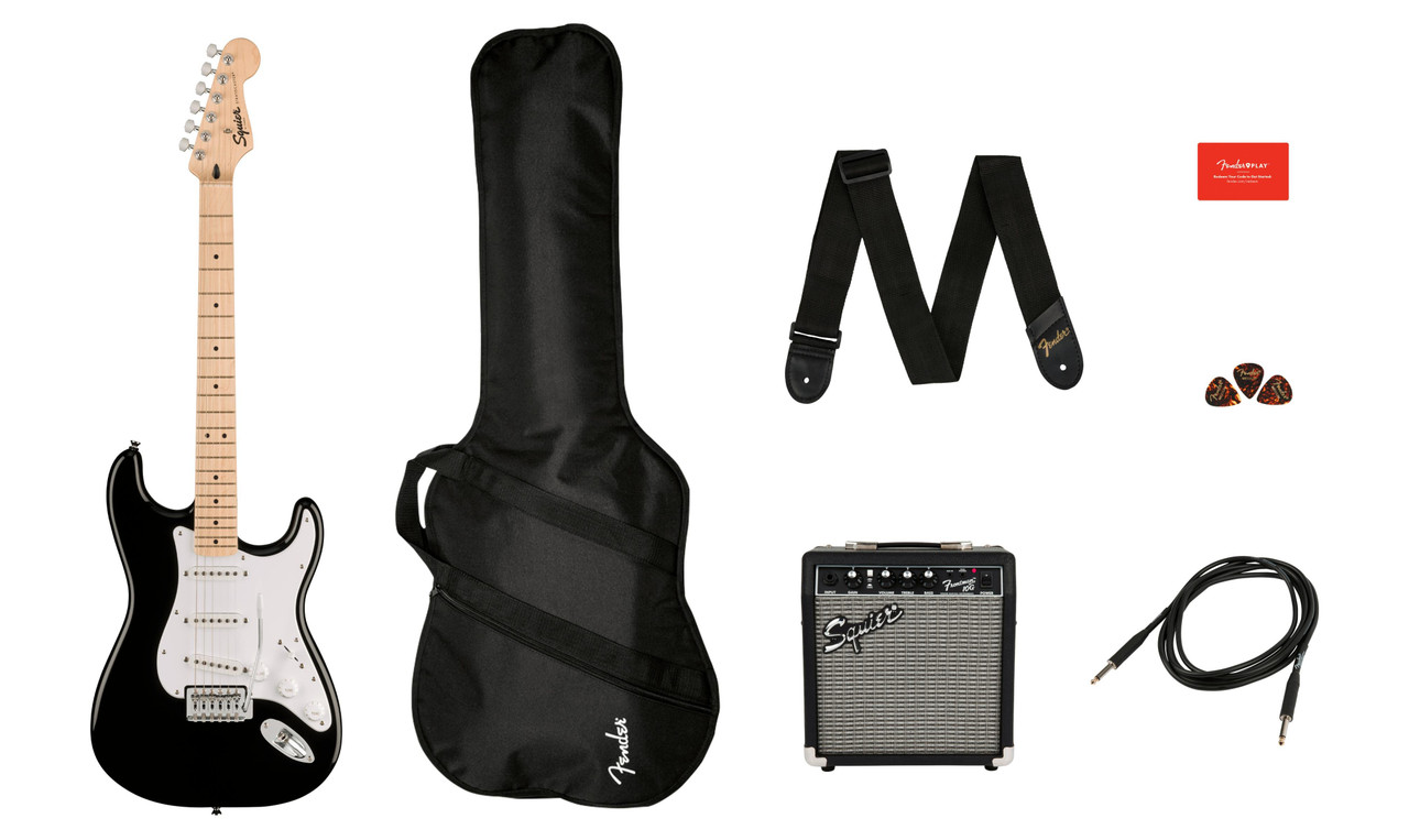 Squier Sonic Stratocaster Black Electric Guitar Starter Pack with Amp & Gig Bag Squier Sonic Stratocaster Black Electric Guitar Starter Pack with Amp & Gig Bag
