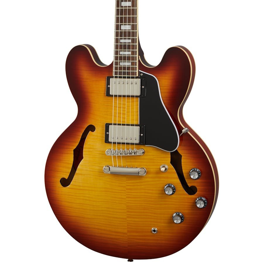Epiphone Inspired by Gibson ES-335 Figured Semi-Hollow Electric Guitar in Raspberry Tea Burst Epiphone Inspired by Gibson ES-335 Figured Semi-Hollow Electric Guitar in Raspberry Tea Burst