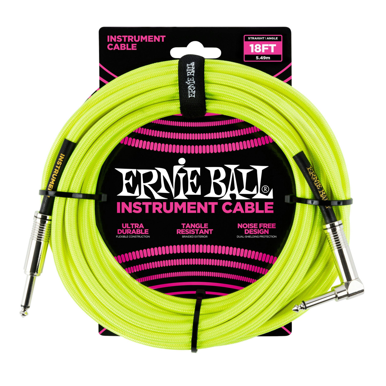 Ernie Ball 18 ft Braided Guitar Cable in Neon Yelllow with Straight Jack to Angled Jack