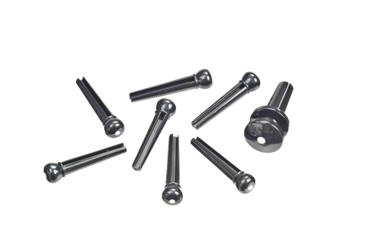 D'Addario 7 x Bridge Pins + 1 x End Pin - Plastic Black with Ivory Dot D'Addario 7 x Bridge Pins + 1 x End Pin - Plastic Black with Ivory Dot