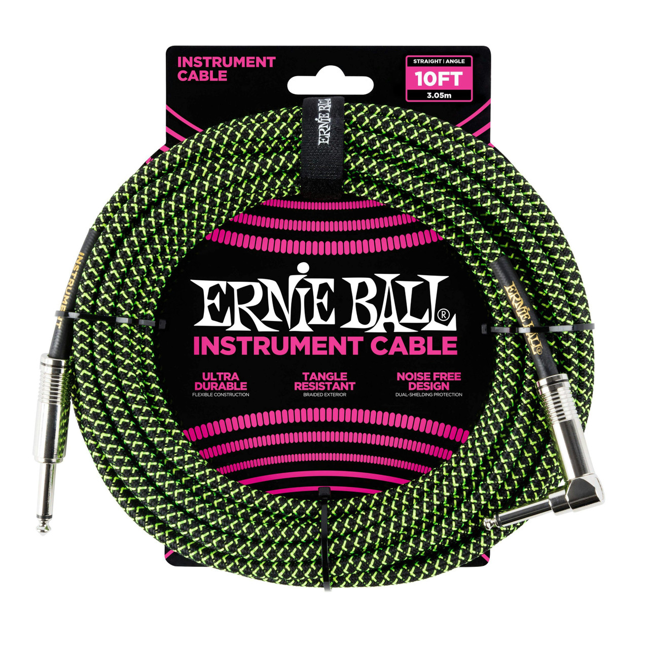 Ernie Ball 10 ft Guitar Cable in Black & Green with Straight Jack to Angled Jack Ernie Ball 10 ft Guitar Cable in Black & Green with Straight Jack to Angled Jack