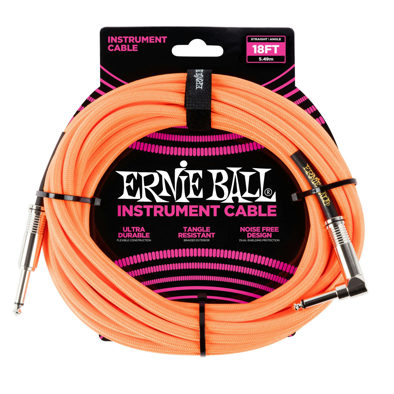 Ernie Ball 18 ft Braided Guitar Cable in Neon Orange with Straight Jack to Angled Jack