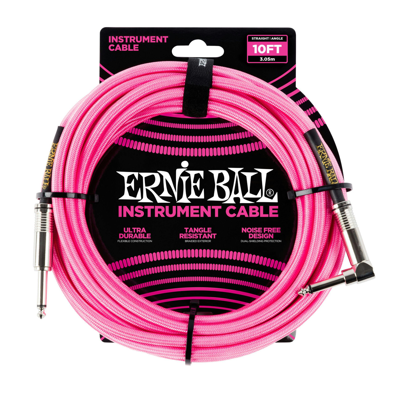 Ernie Ball 10 ft Guitar Cable in Neon Pink with Straight Jack to Angled Jack