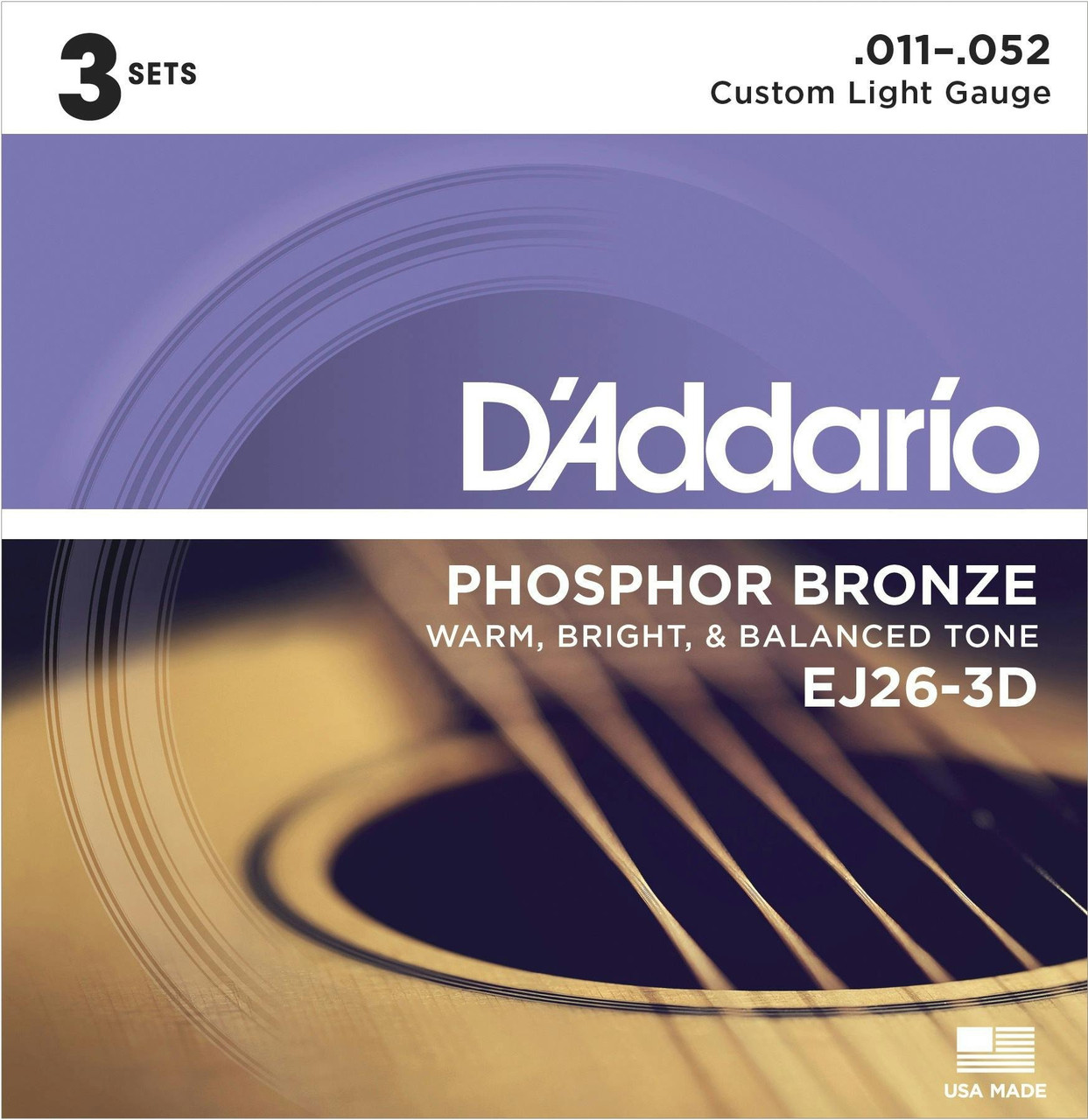 D'Addario EJ26 3 Pack Phosphor Bronze 11-52 Custom Light Set
