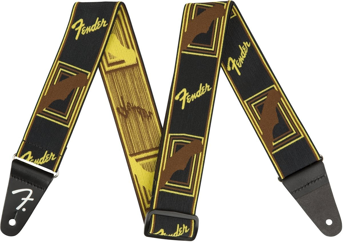 Fender WeighLess 2 inch Mono Strap, Black/YellowithBrown Fender WeighLess 2 inch Mono Strap, Black/YellowithBrown