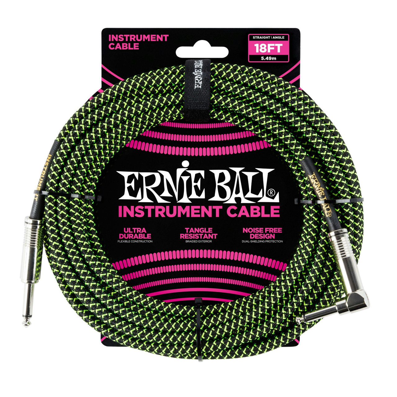 Ernie Ball 18 ft Braided Guitar Cable in Black & Green with Straight Jack to Angled Jack