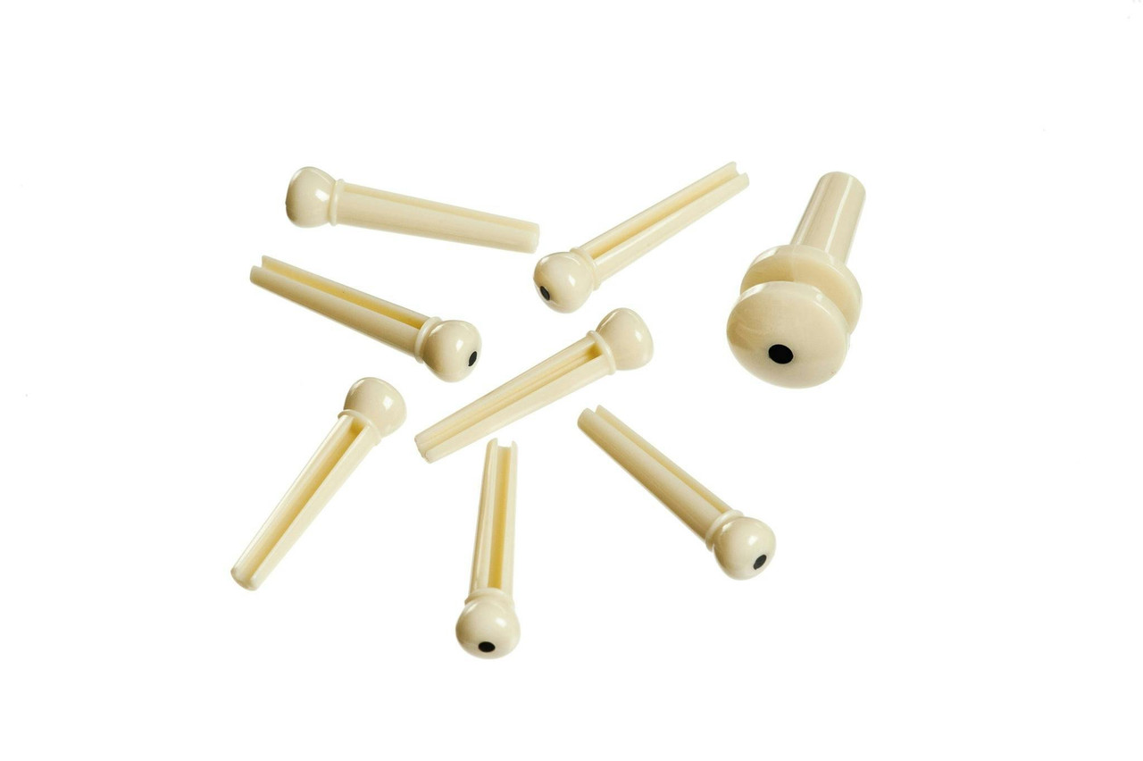 D'Addario 7 x Bridge Pins + 1 x End Pin - Plastic White with Black Dot D'Addario 7 x Bridge Pins + 1 x End Pin - Plastic White with Black Dot