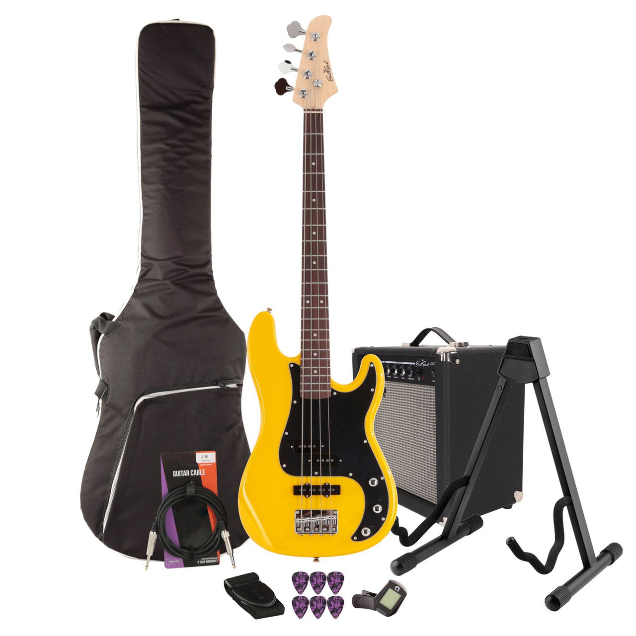 EastCoast PJ4 Bass Guitar Starter Pack in Yellow with 25W Amp & Accessories EastCoast PJ4 Bass Guitar Starter Pack in Yellow with 25W Amp & Accessories