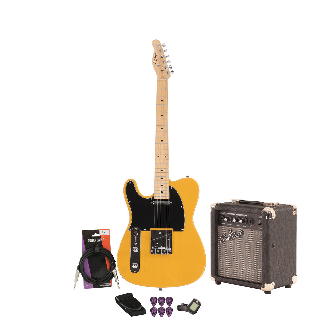 EastCoast T1 Left Handed Electric Guitar Starter Pack in Butterscotch with 10W Amp & Accessories EastCoast T1 Left Handed Electric Guitar Starter Pack in Butterscotch with 10W Amp & Accessories