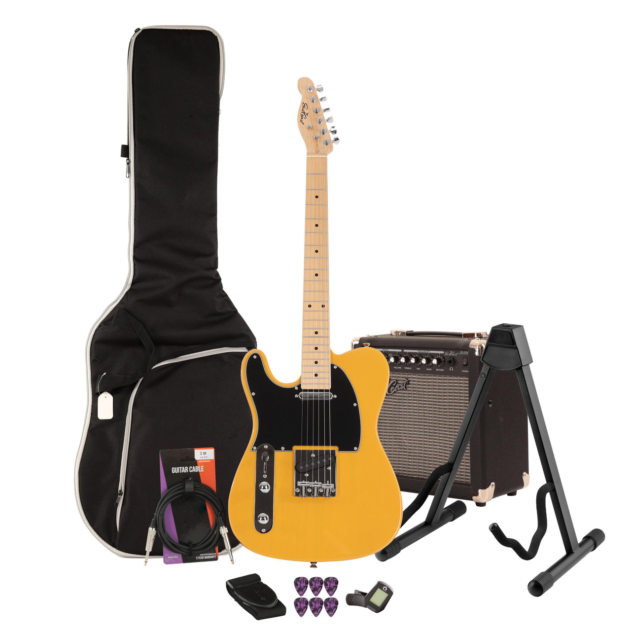 EastCoast T1 Left Handed Electric Guitar Starter Pack in Butterscotch with 15W Amp & Accessories EastCoast T1 Left Handed Electric Guitar Starter Pack in Butterscotch with 15W Amp & Accessories