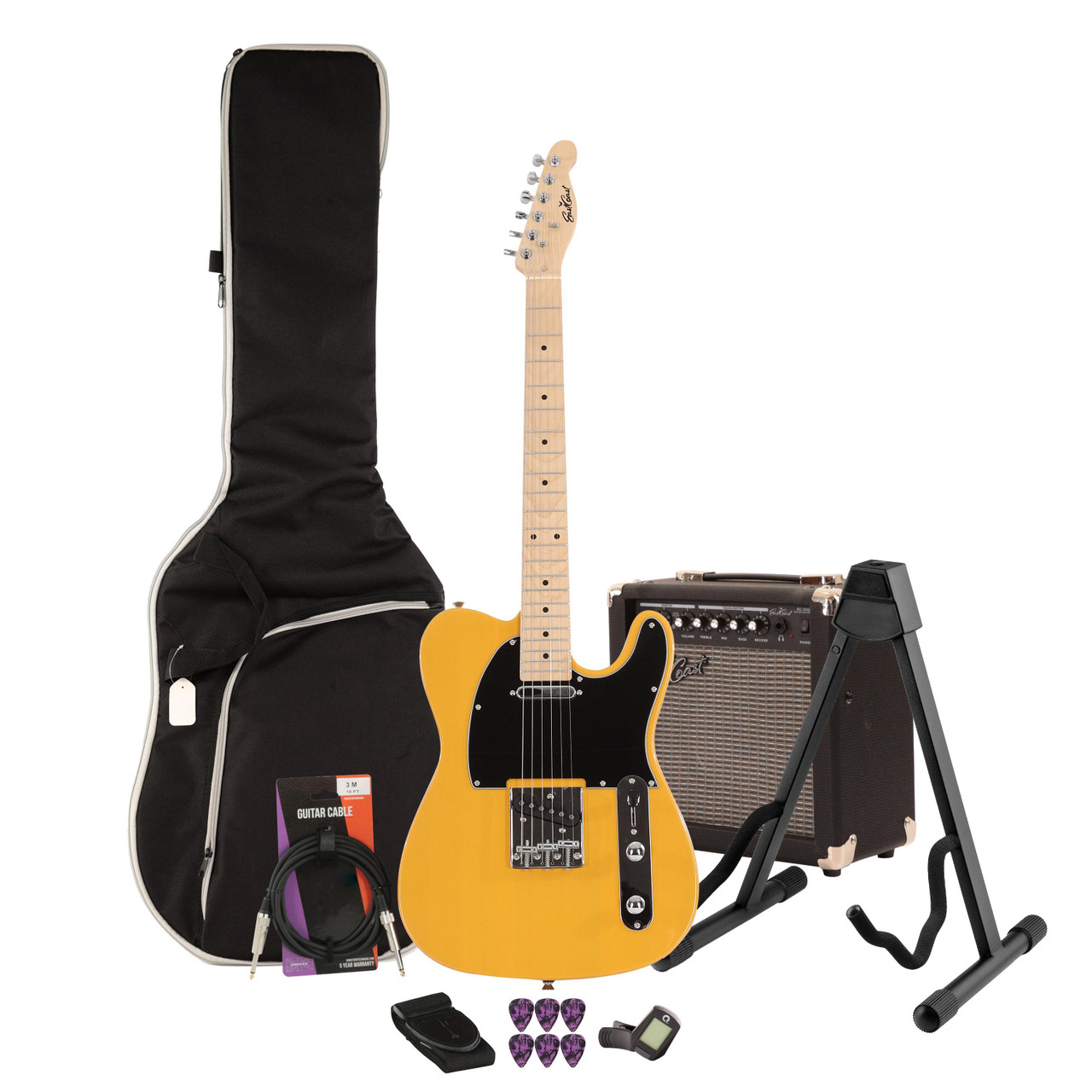 EastCoast T1 Electric Guitar Starter Pack in Butterscotch with 15W Amp & Accessories
