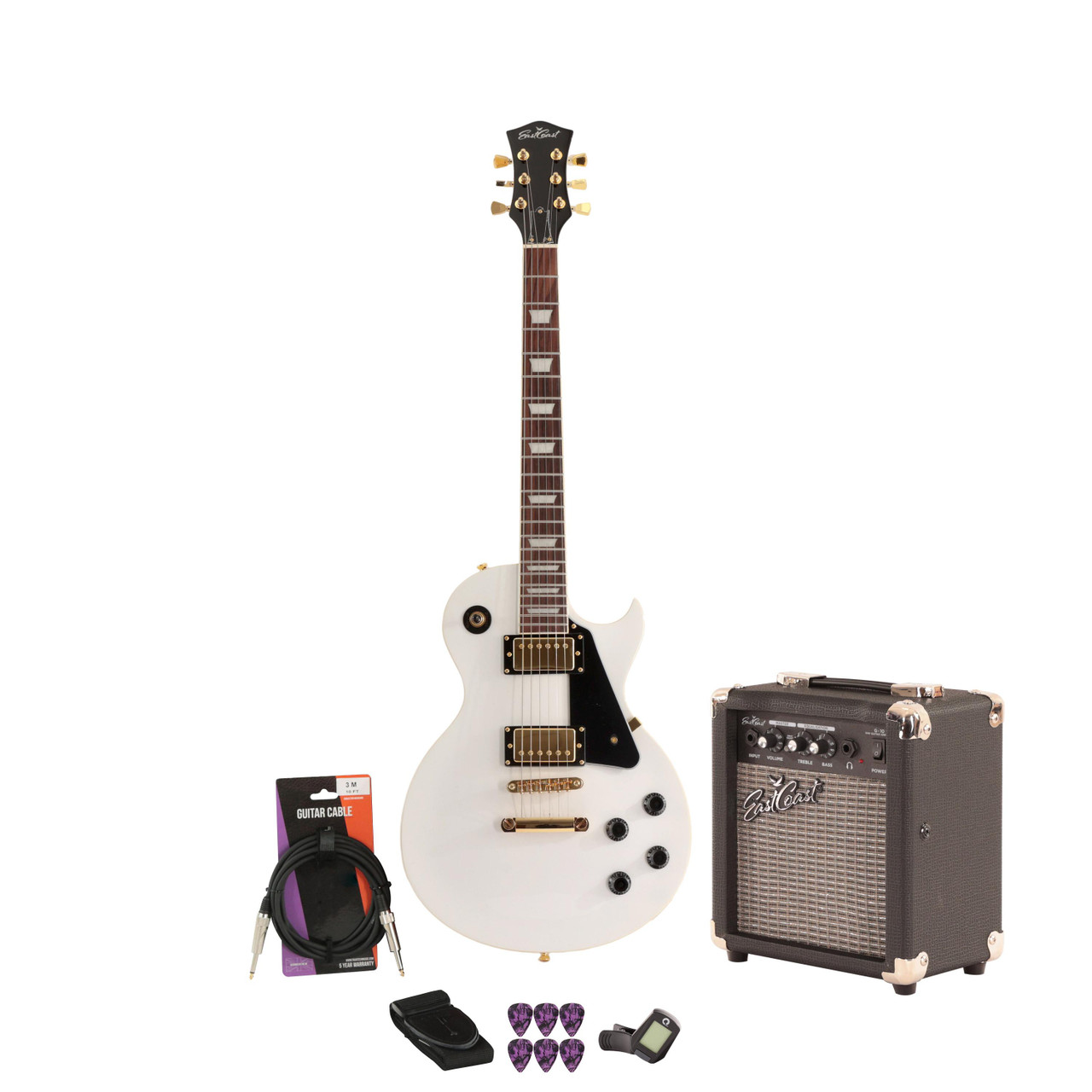 EastCoast L1 Electric Guitar Starter Pack in White 10W Amp & Accessories EastCoast L1 Electric Guitar Starter Pack in White 10W Amp & Accessories