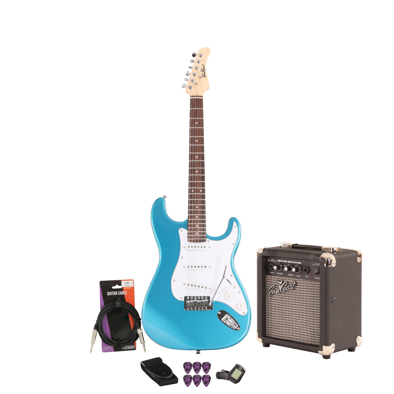 EastCoast ST1 Electric Guitar Starter Pack in Lake Placid Blue with 10W Amp & Accessories