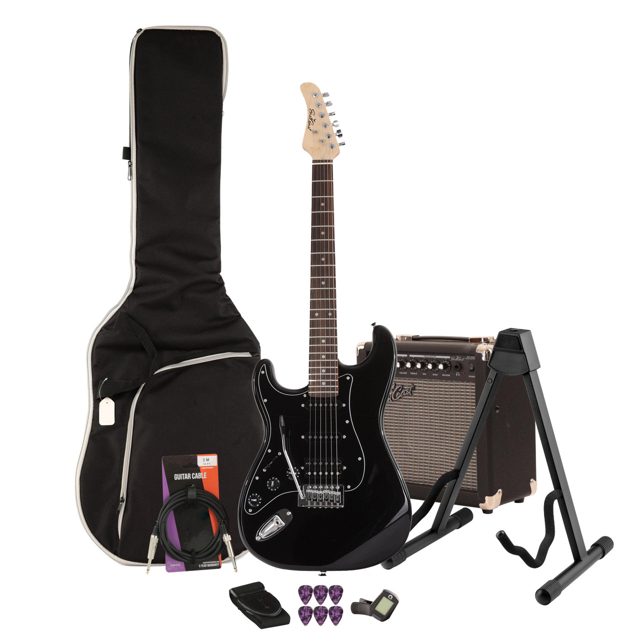 EastCoast ST2 Left Handed Electric Guitar Starter Pack in Black Metallic with 15W Amp & Accessories EastCoast ST2 Left Handed Electric Guitar Starter Pack in Black Metallic with 15W Amp & Accessories