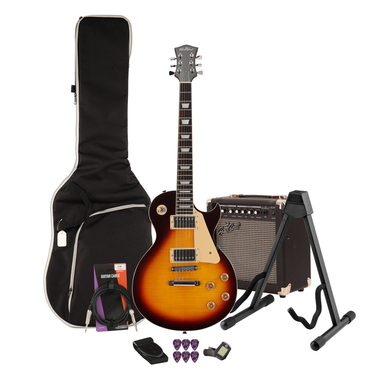 EastCoast L1 Electric Guitar Starter Pack in Vintage Sunburst with 15W Amp & Accessories EastCoast L1 Electric Guitar Starter Pack in Vintage Sunburst with 15W Amp & Accessories