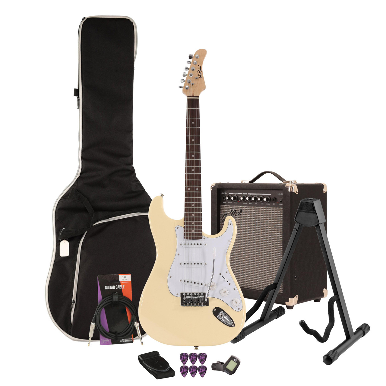 EastCoast ST1 Electric Guitar Starter Pack in Vintage White with 35W Amp & Accessories EastCoast ST1 Electric Guitar Starter Pack in Vintage White with 35W Amp & Accessories