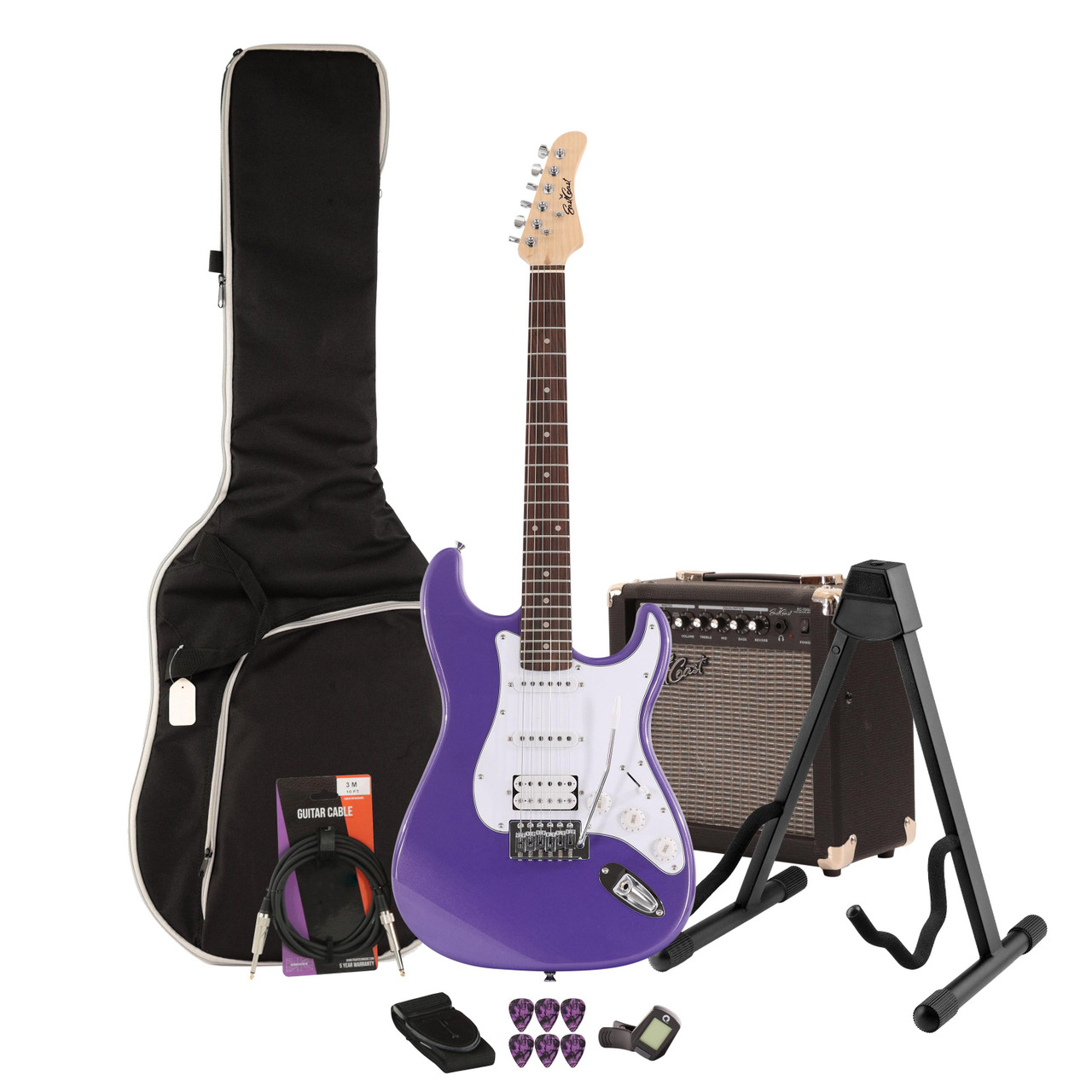 EastCoast ST2 Electric Guitar Starter Pack in Purple Metallic with 15W Amp & Accessories EastCoast ST2 Electric Guitar Starter Pack in Purple Metallic with 15W Amp & Accessories