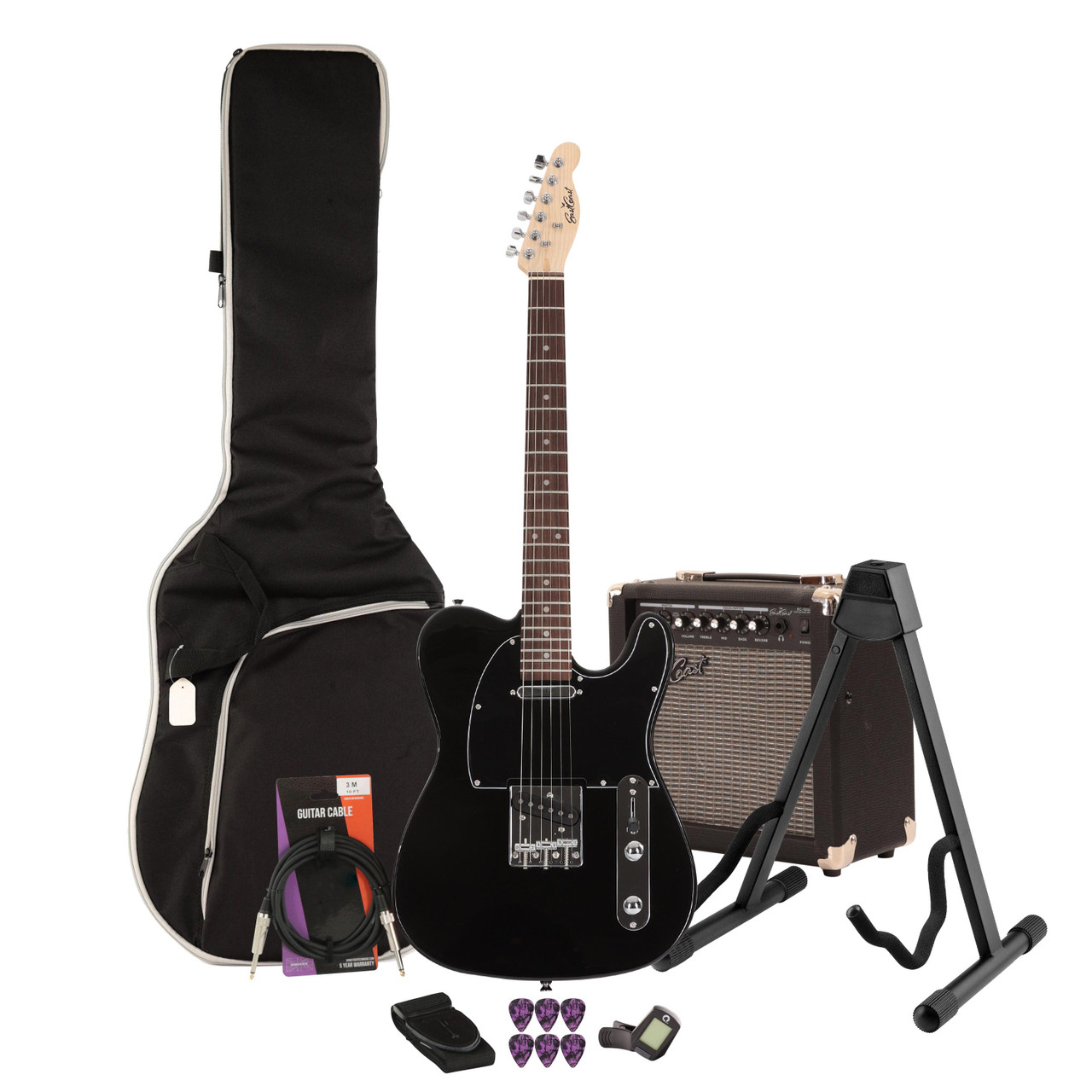 EastCoast T1 Electric Guitar Starter Pack in Black (Rosewood) with 15W Amp & Accessories EastCoast T1 Electric Guitar Starter Pack in Black (Rosewood) with 15W Amp & Accessories