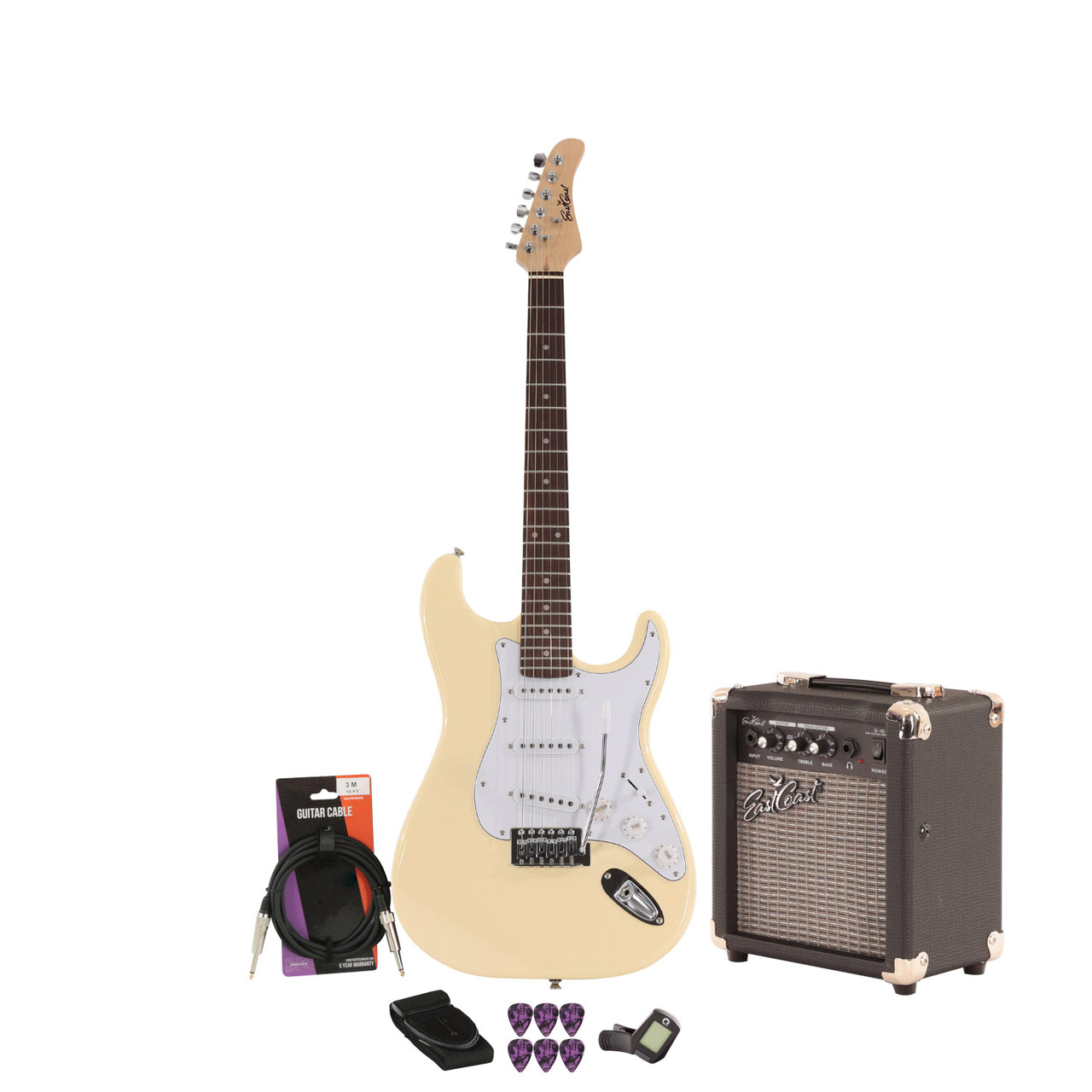 EastCoast ST1 Electric Guitar Starter Pack in Vintage White with 10W Amp & Accessories EastCoast ST1 Electric Guitar Starter Pack in Vintage White with 10W Amp & Accessories