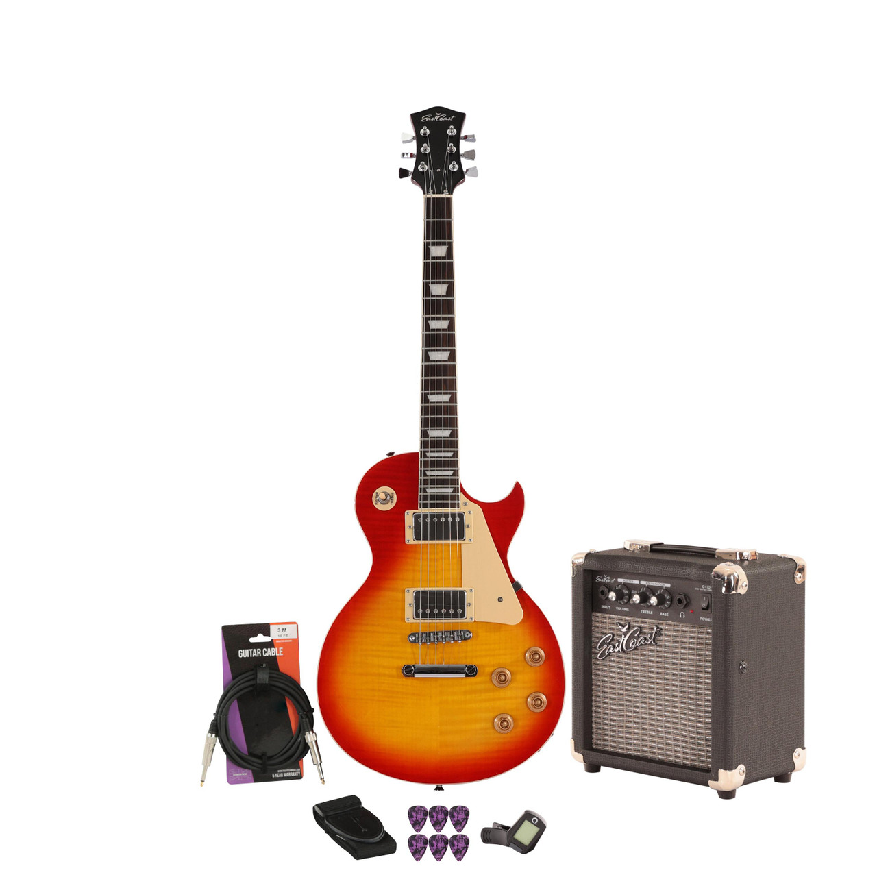 EastCoast L1 Electric Guitar Starter Pack in Cherry Sunburst with 10W Amp & Accessories EastCoast L1 Electric Guitar Starter Pack in Cherry Sunburst with 10W Amp & Accessories