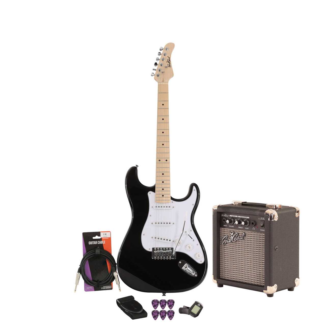 EastCoast ST1 Electric Guitar Starter Pack in Black with 10W Amp & Accessories
