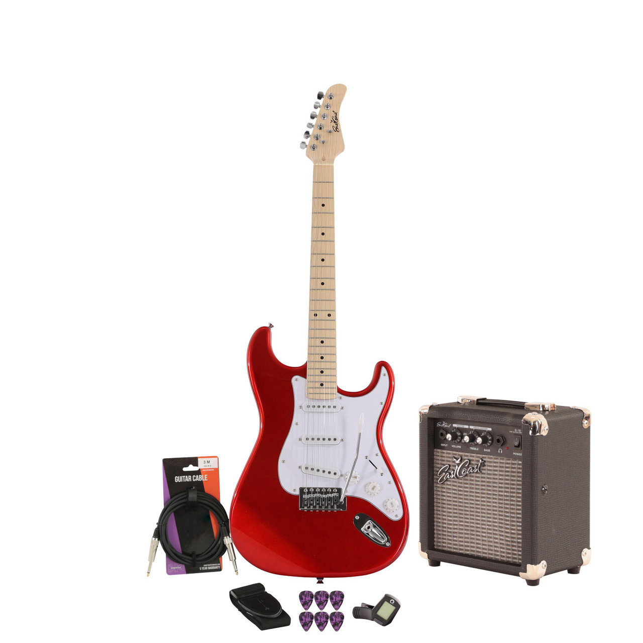 EastCoast ST1 Electric Guitar Starter Pack in Red with 10W Amp & Accessories EastCoast ST1 Electric Guitar Starter Pack in Red with 10W Amp & Accessories