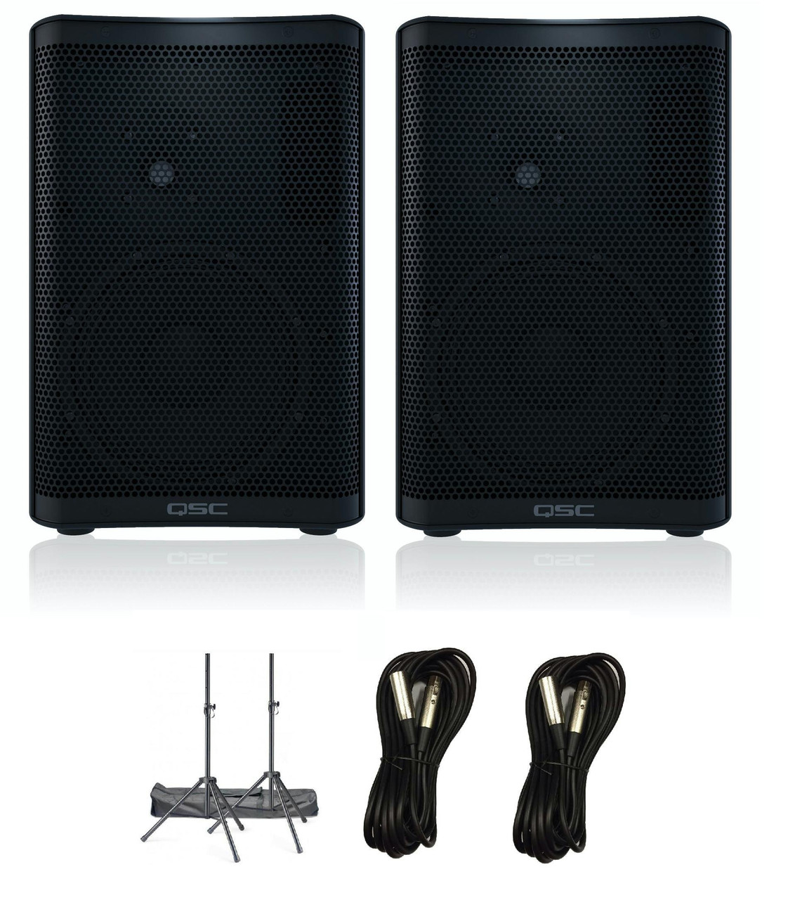QSC Audio CP8 1000w Powered 8" Speaker Bundle with Stands & Cables QSC Audio CP8 1000w Powered 8" Speaker Bundle with Stands & Cables
