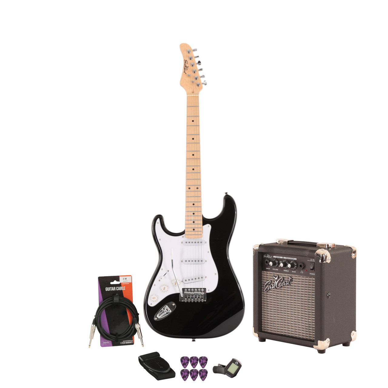 EastCoast ST1 Left Handed Electric Guitar Starter Pack in Black 10W Amp and Accessories EastCoast ST1 Left Handed Electric Guitar Starter Pack in Black 10W Amp and Accessories