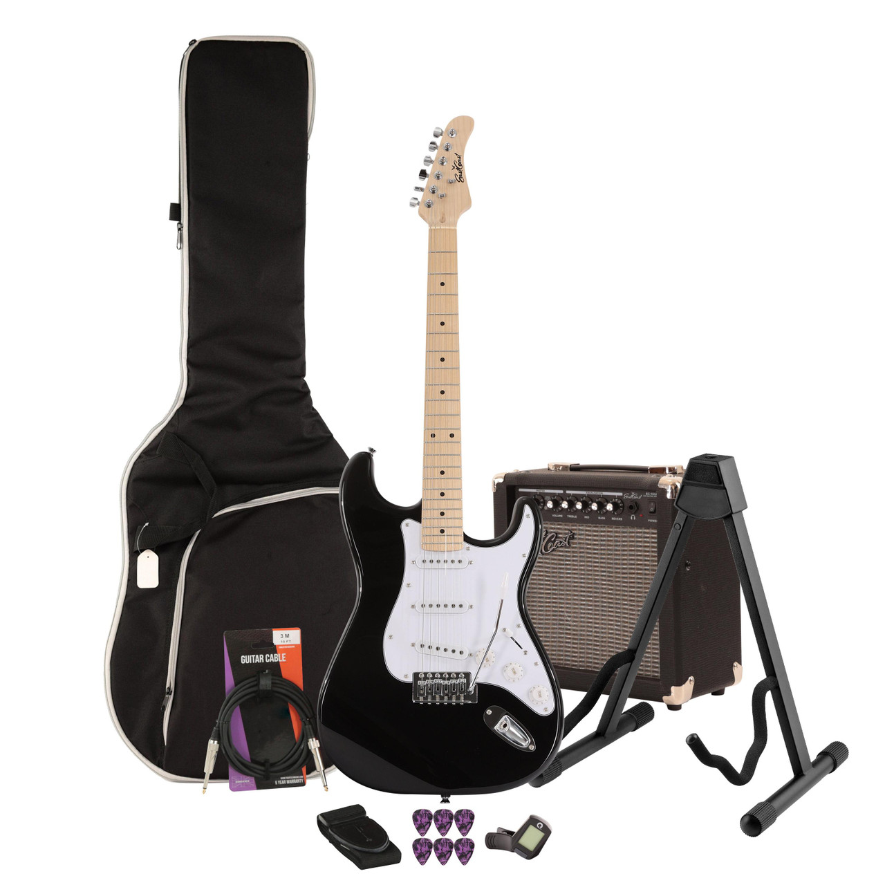EastCoast ST1 Electric Guitar Starter Pack in Black with 15W Amp & Accessories EastCoast ST1 Electric Guitar Starter Pack in Black with 15W Amp & Accessories