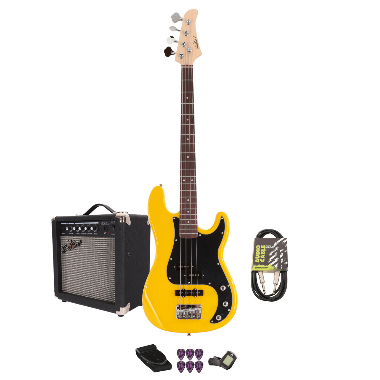 EastCoast PJ4 Bass Guitar Starter Pack in Yellow with 15W Amp & Accessories EastCoast PJ4 Bass Guitar Starter Pack in Yellow with 15W Amp & Accessories