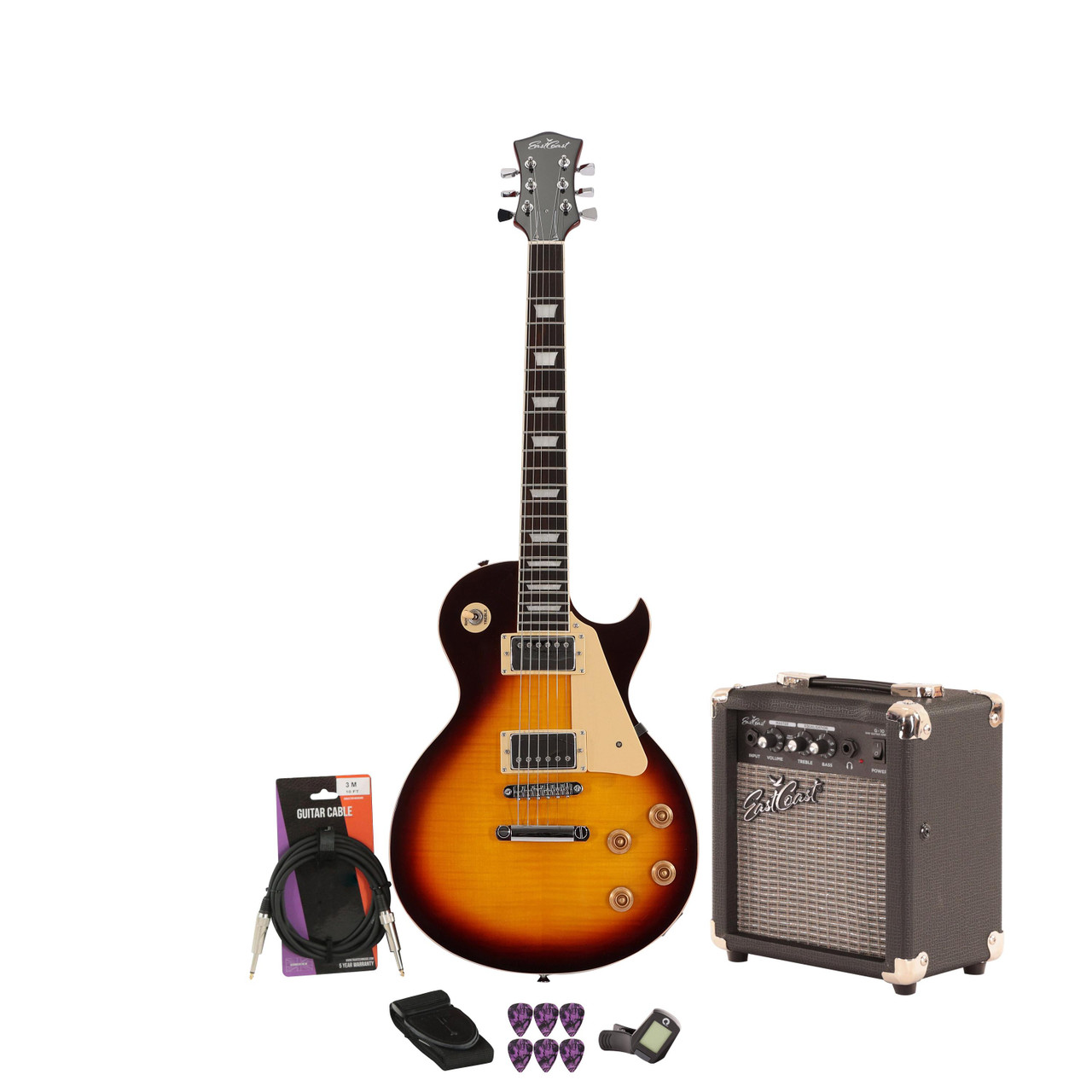 EastCoast L1 Electric Guitar Starter Pack in Vintage Sunburst with 10W Amp & Accessories EastCoast L1 Electric Guitar Starter Pack in Vintage Sunburst with 10W Amp & Accessories