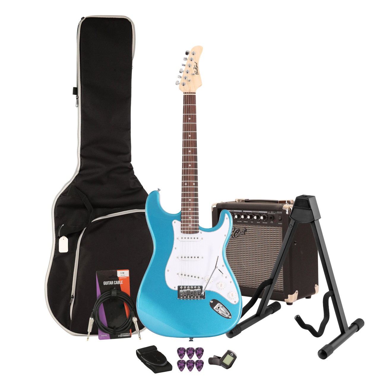 EastCoast ST1 Electric Guitar Starter Pack in Lake Placid Blue with 15W Amp & Accessories
