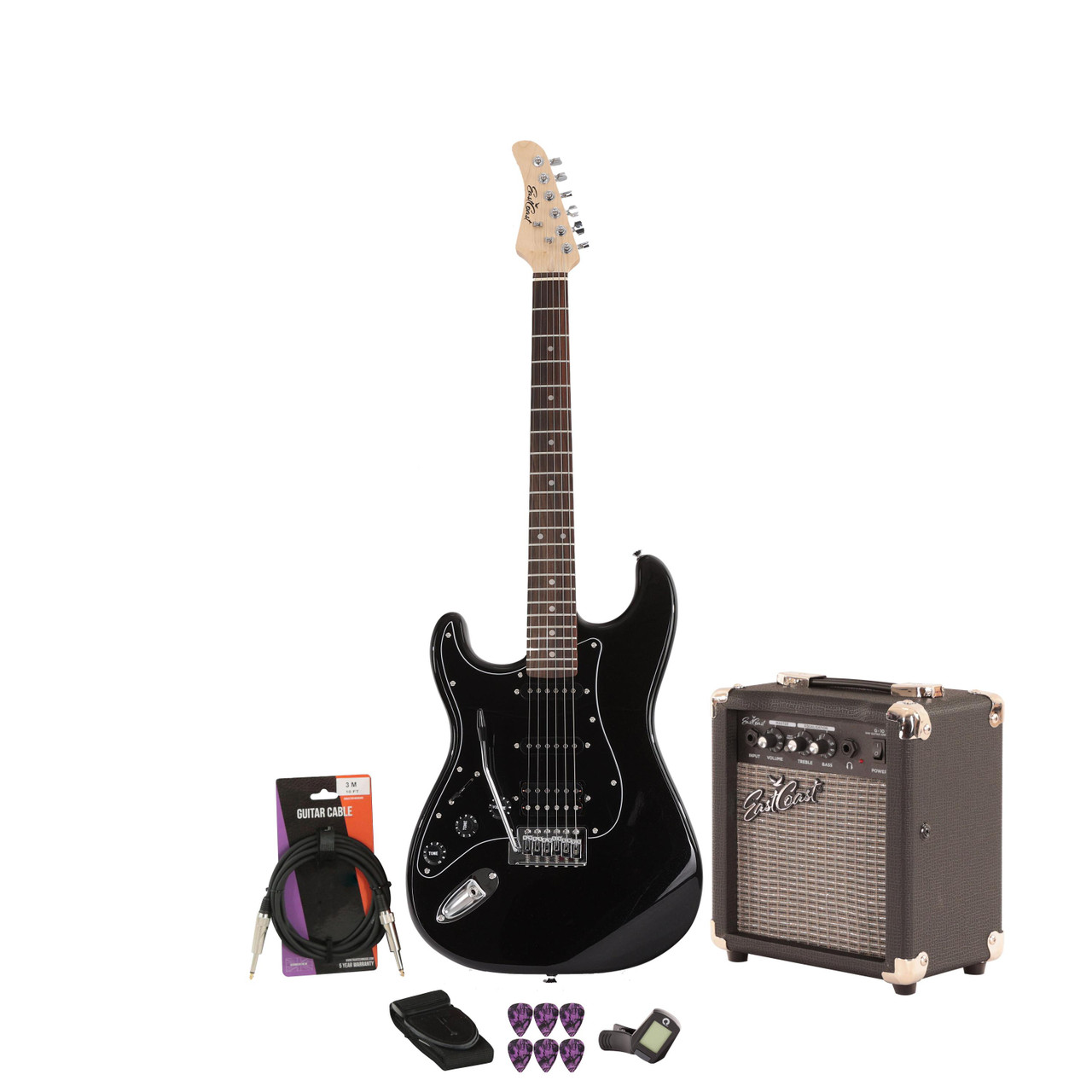 EastCoast ST2 Left Handed Electric Guitar Starter Pack in Black Metallic with 10W Amp & Accessories EastCoast ST2 Left Handed Electric Guitar Starter Pack in Black Metallic with 10W Amp & Accessories