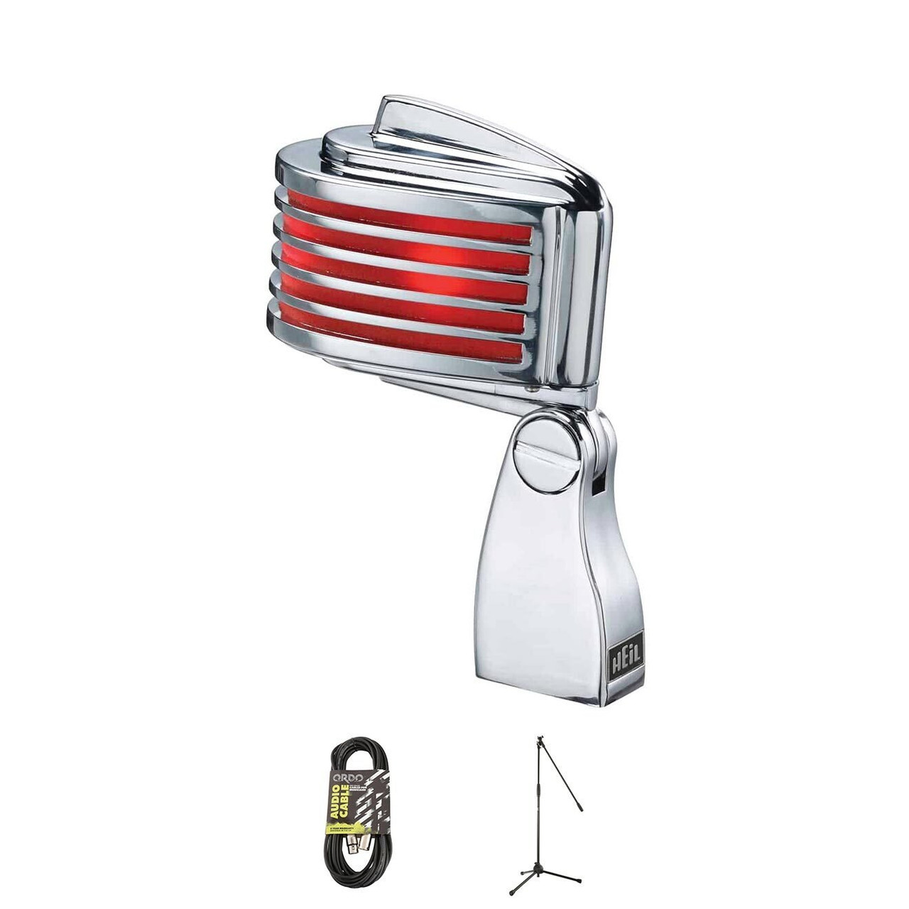 Heil Sound The Fin in Chrome Body, Red LED Mic Bundle with Stand and XLR Cable