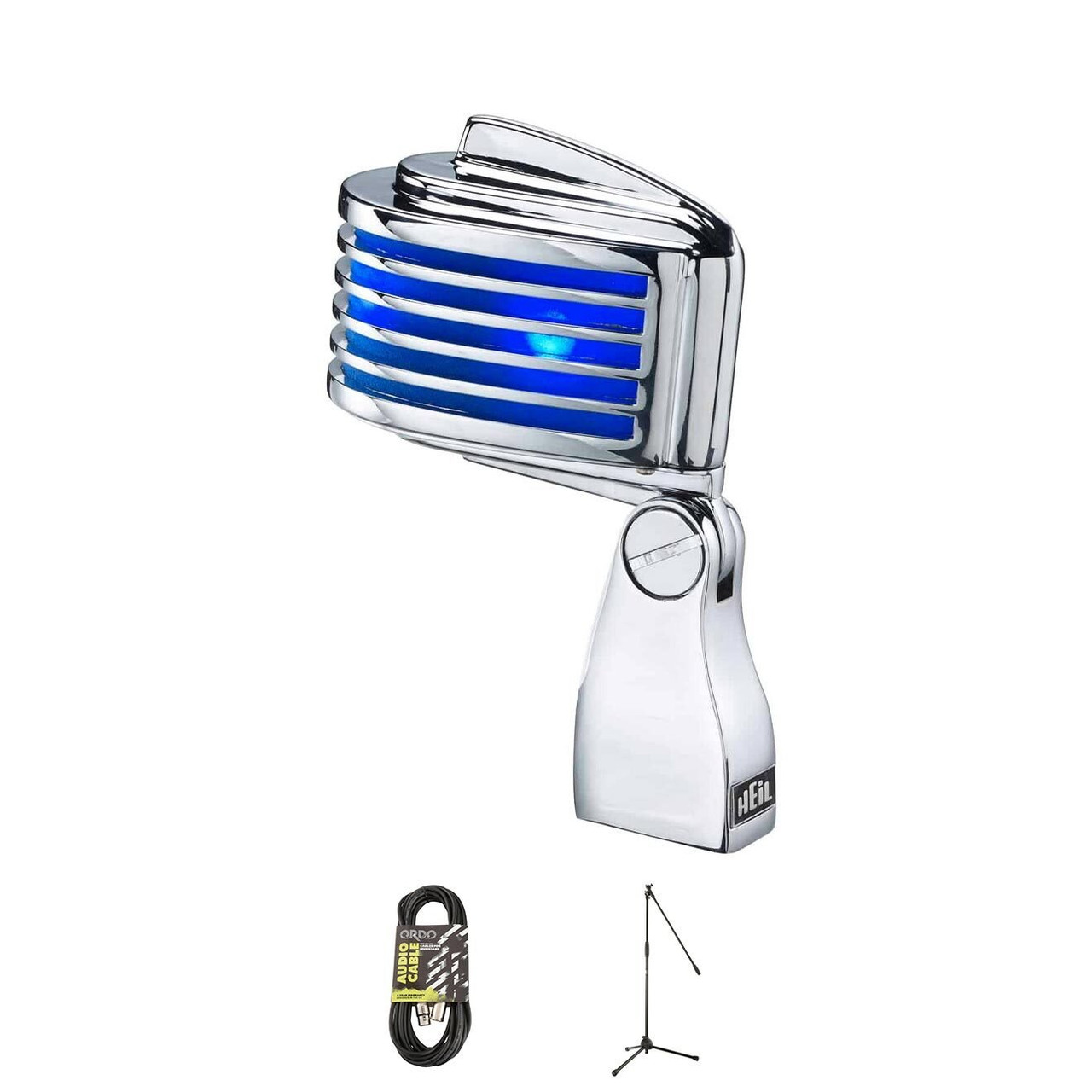 Heil Sound The Fin in Chrome Body, Blue LED Mic Bundle with Stand and XLR Cable