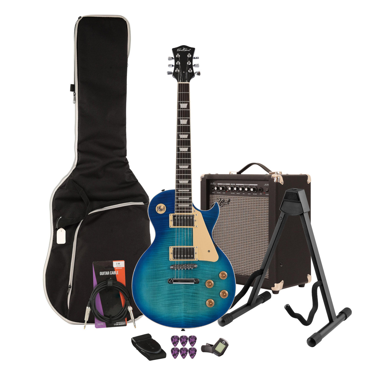EastCoast L1 Electric Guitar Starter Pack in Blue Burst with 35W Amp & Accessories EastCoast L1 Electric Guitar Starter Pack in Blue Burst with 35W Amp & Accessories