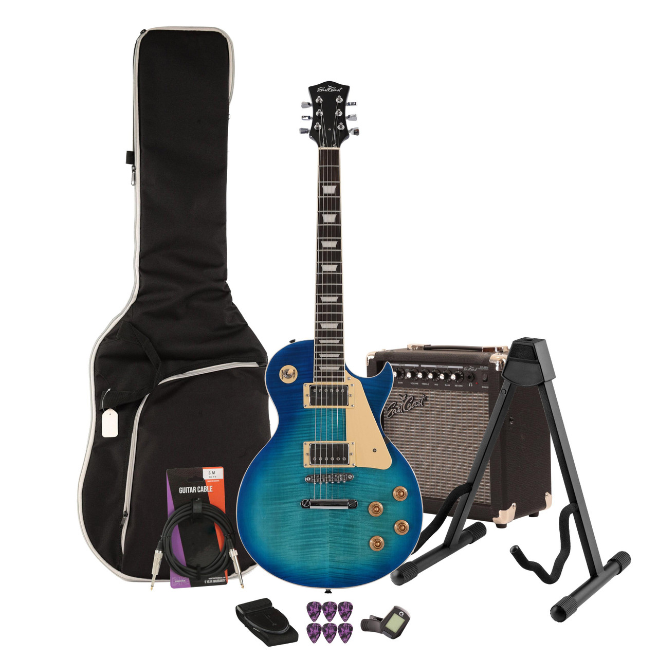 EastCoast L1 Electric Guitar Starter Pack in Blue Burst with 15W Amp & Accessories EastCoast L1 Electric Guitar Starter Pack in Blue Burst with 15W Amp & Accessories