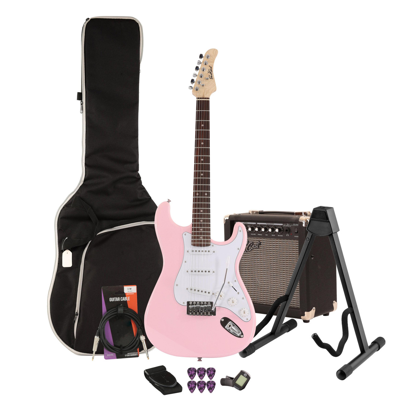 EastCoast ST1 Electric Guitar Starter Pack in Shell Pink with 15W Amp & Accessories