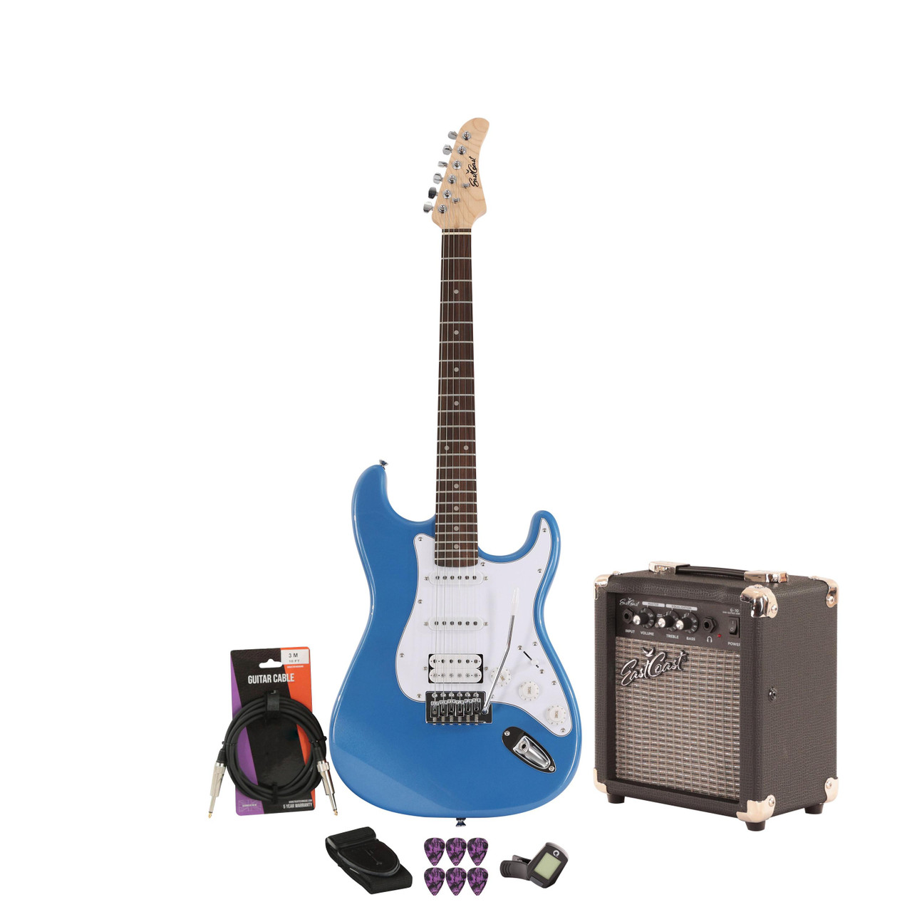 EastCoast ST2 Electric Guitar Starter Pack in Ocean Blue Metallic with 10W Amp & Accessories