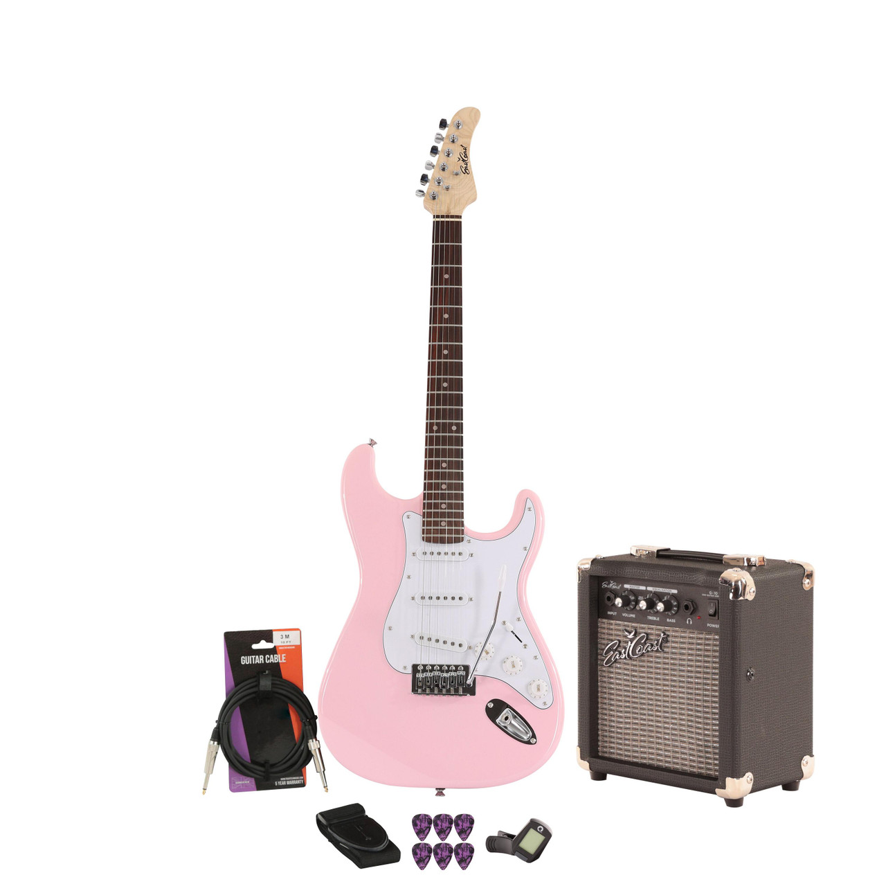 EastCoast ST1 Electric Guitar Starter Pack in Shell Pink with 10W Amp & Accessories EastCoast ST1 Electric Guitar Starter Pack in Shell Pink with 10W Amp & Accessories