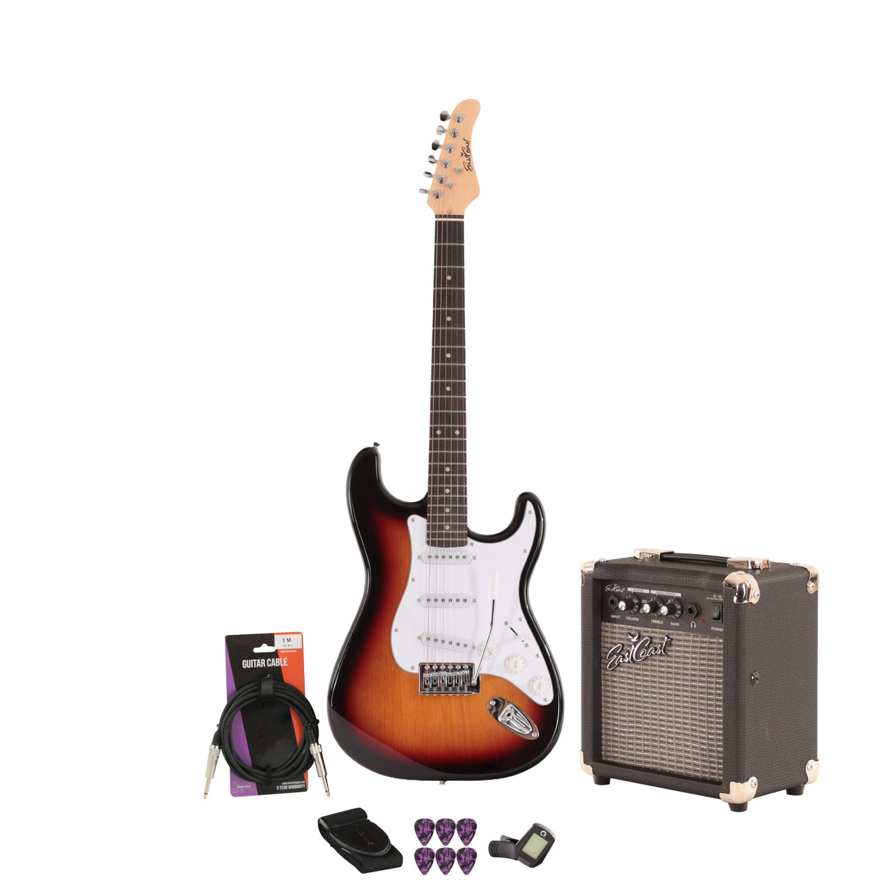 EastCoast ST1 Electric Guitar Starter Pack In Three Tone Sunburst with 10W Amp & Accessories